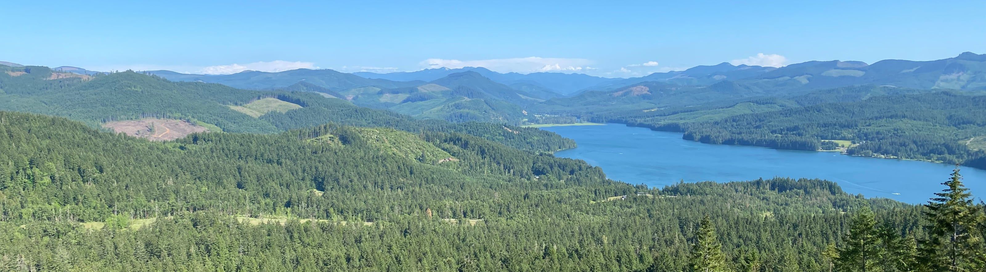 Panorama of Dorena Lake and layered blue ridgelines stretching to the horizon